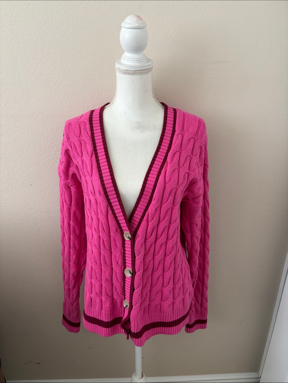 Good American Sorority Hot Pink Collegiate Cable Knit Cardigan with Dark Trim